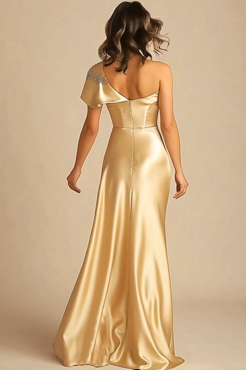 Gold One Shoulder Satin Sheath Long Mother Of Bride Dress